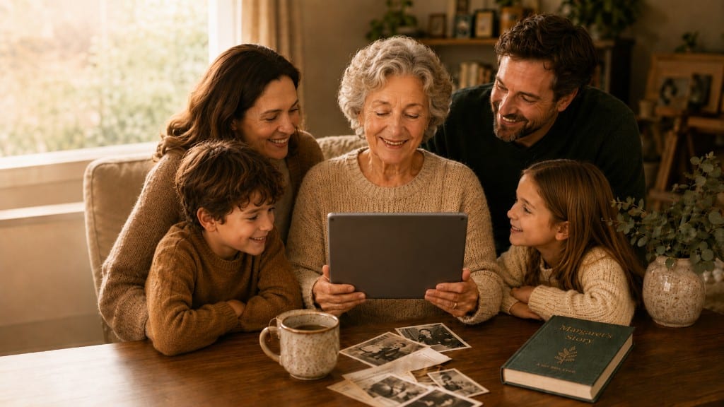 A grandmother, parents, and grandchildren smiling together around a tablet, with old family photos and a book titled Margaret's Story on the table.
