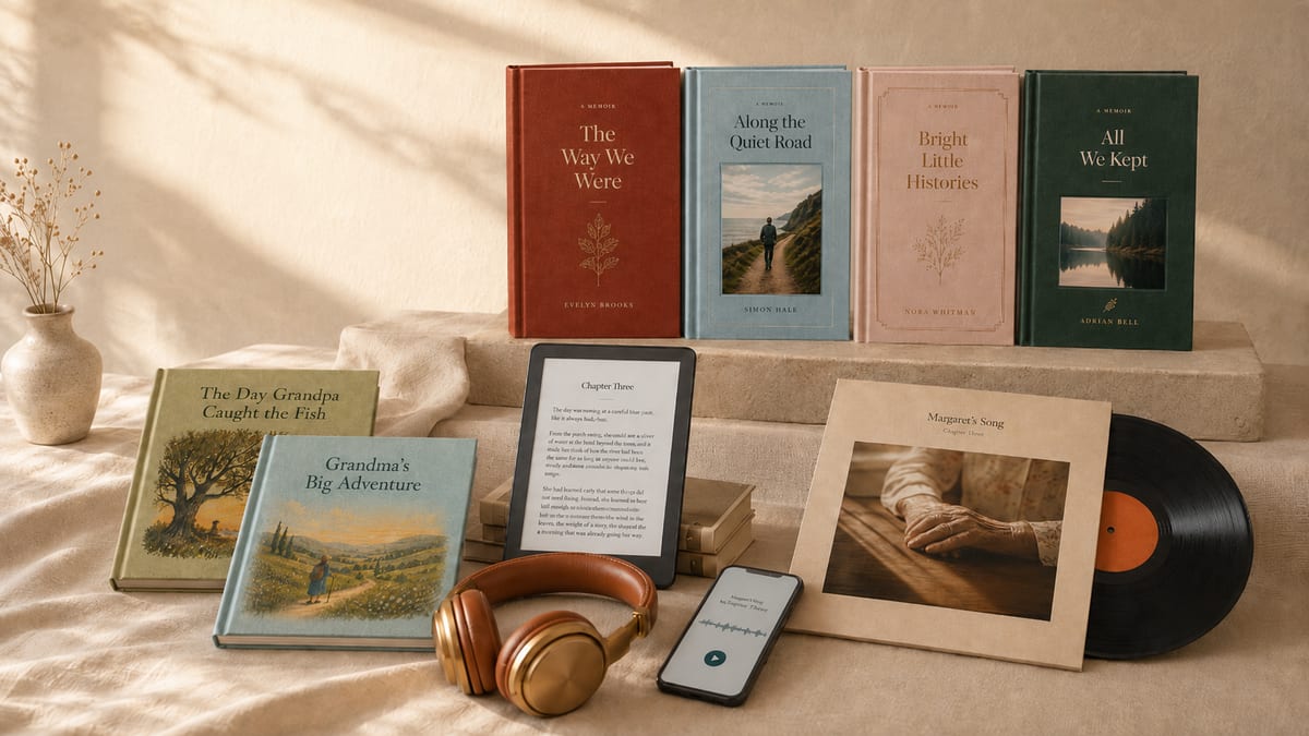 A memoir collection — hardcover books, an e-reader, an audiobook, children's books, and a vinyl record arranged on a sunlit table.