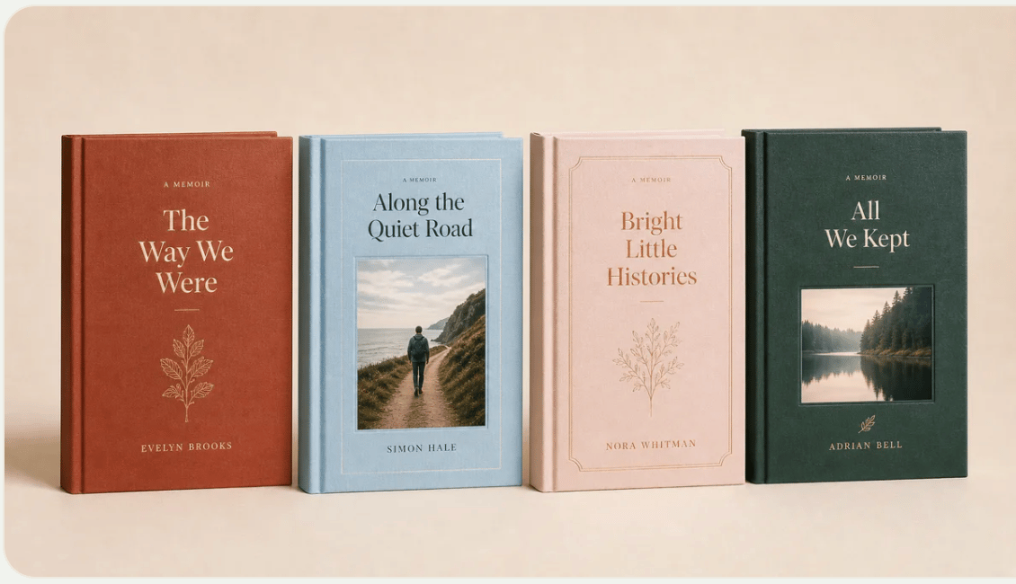 Four memoir hardcover books standing in a row