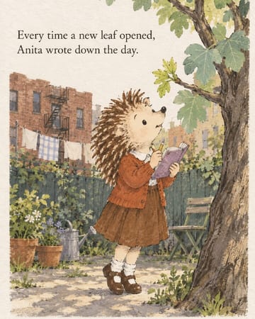 A hedgehog girl writing in a notebook under a fig tree in a city yard, with the words Every time a new leaf opened, Anita wrote down the day.