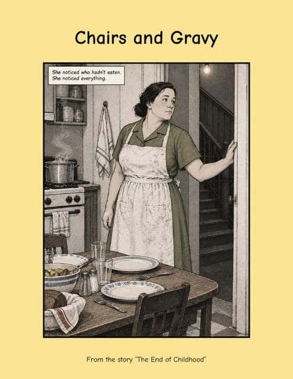 The cover of the comic Chairs and Gravy: a woman in an apron at a kitchen door