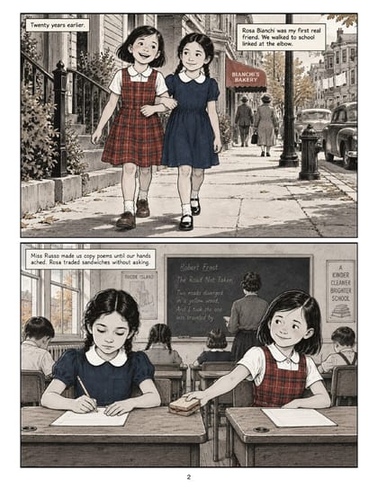 A comic page from Chairs and Gravy: two girls walking arm in arm, then sharing lunch at school, with captions
