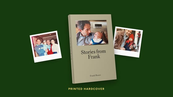 A printed hardcover titled Stories from Frank, with family photos beside it