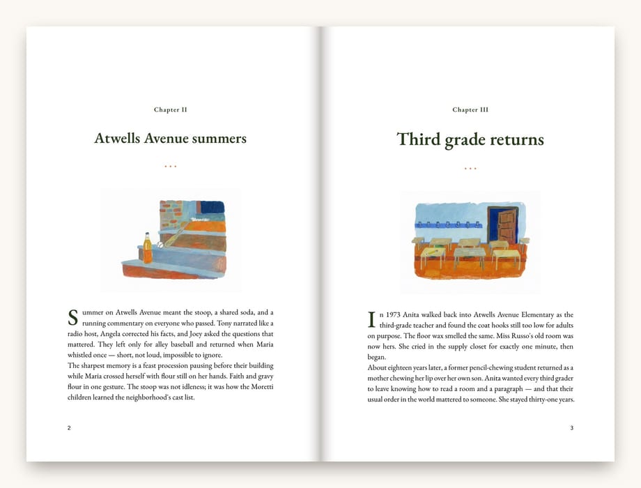 Two facing pages of a printed book: Chapter II, Atwells Avenue summers, and Chapter III, Third grade returns, each with a painted illustration above the text