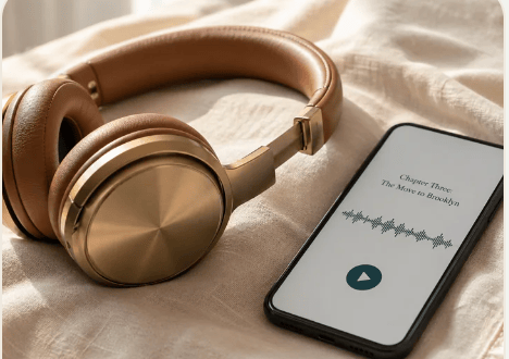 Headphones beside a phone playing a chapter
