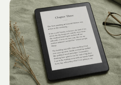 An e-reader showing a memoir chapter